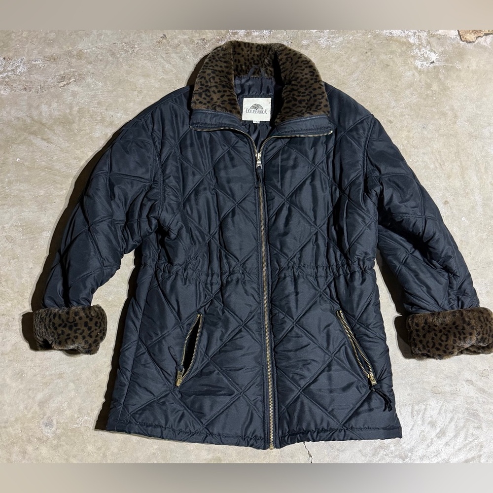 Colebrook woman's Black Quilted Jacket with Leopard Trim
